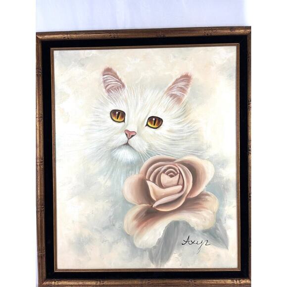 VTG White Cat Oil Painting Signed Original Hand Painted Art Canvas Framed OOAK - Picture 6 of 10